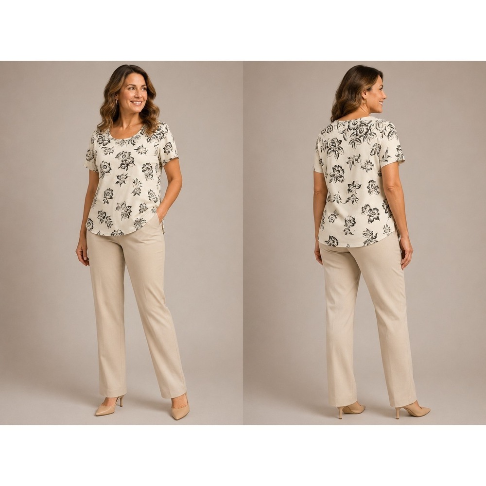 d&co XL Floral Print Top Cream Black Casual‎ Boho Stretch Blouse Super Cute